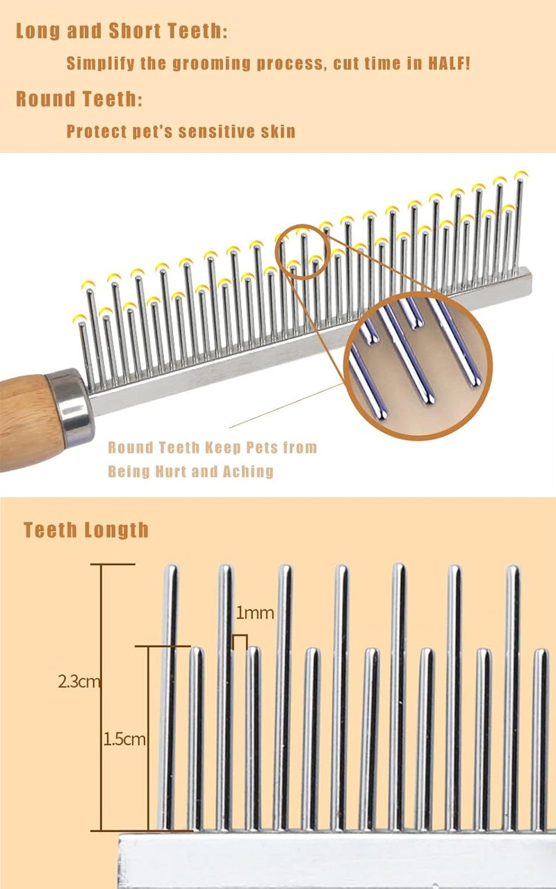 koofull Dog Cat Grooming Comb with Wooden Handle Stainless Steel Teeth, Pet Grooming Supplies Accessories for Hairy Pets (Dual Teeth) - Image 3